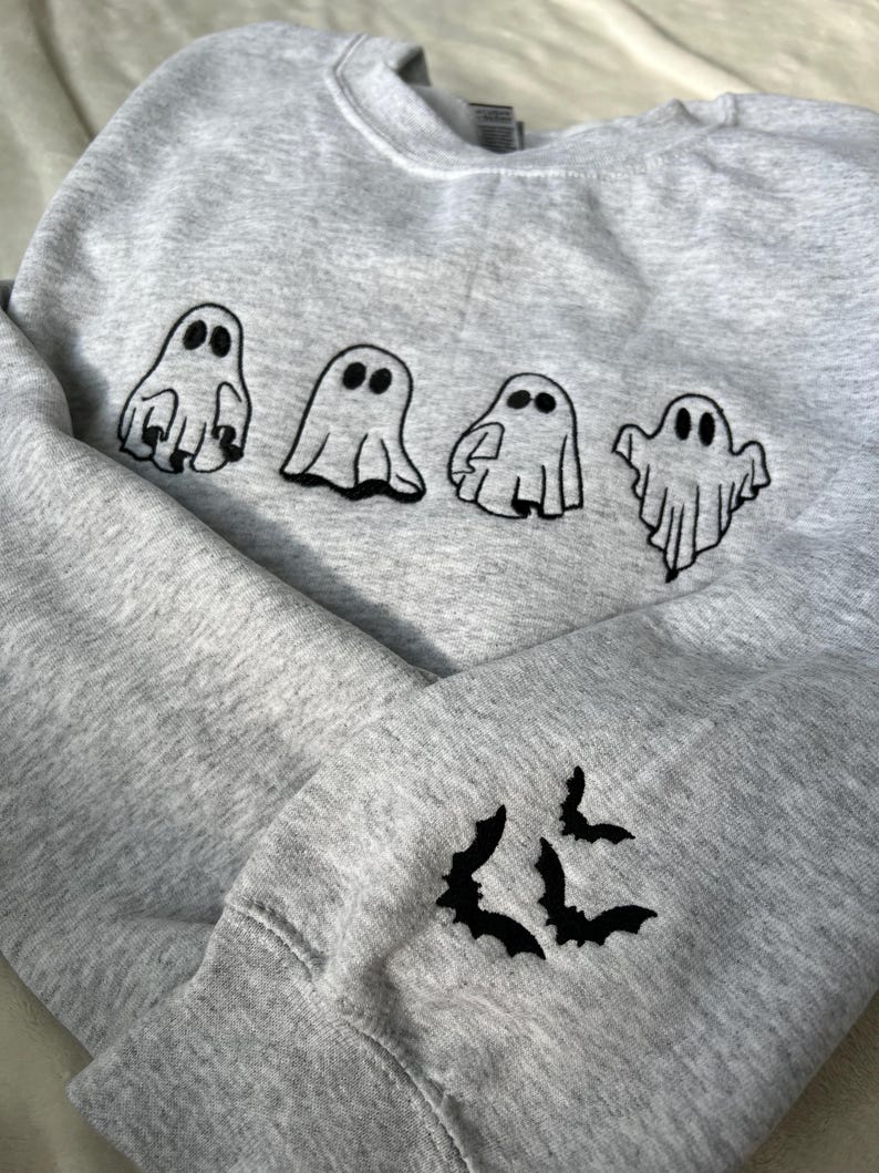 Fall embroidered sweatshirt Halloween embroidered ghost sweatshirt fall embroidered bat sleeve crewneck ghost and bat embroidered sweatshirt