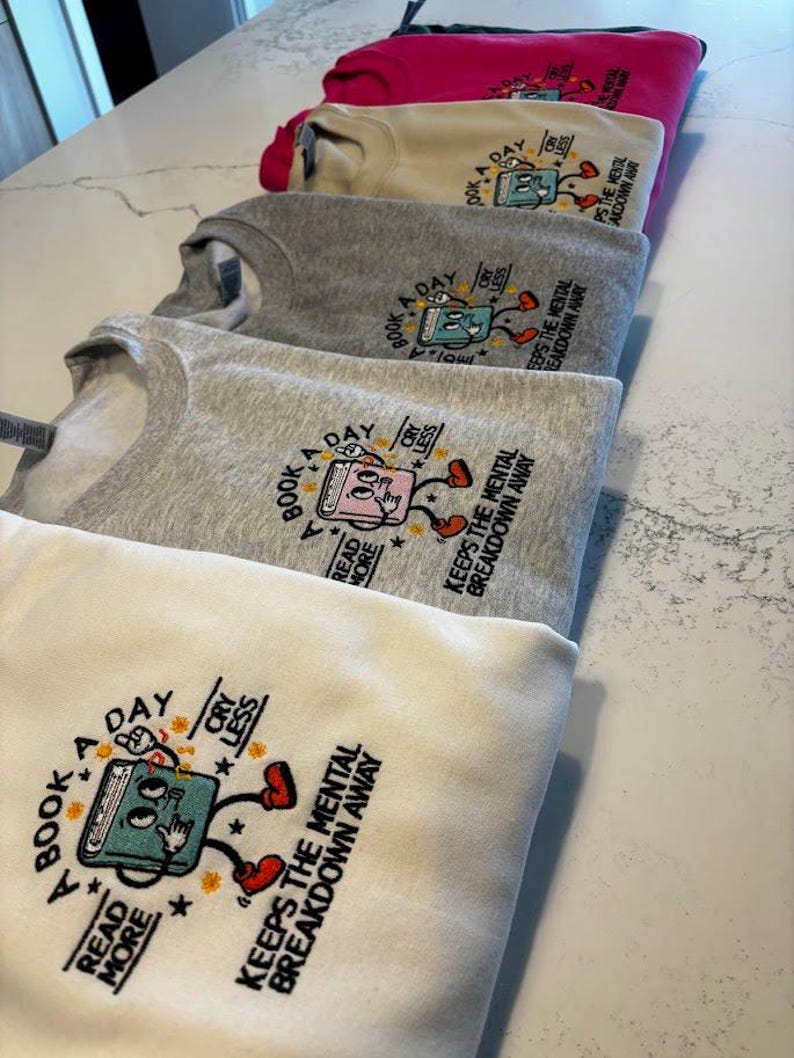 Book Lover Sweatshirt, Embroidered Reading Crewneck, Mental Health Gift, Cozy Spring Outfit, Father's Day or Grad Gift for Readers, BookClub