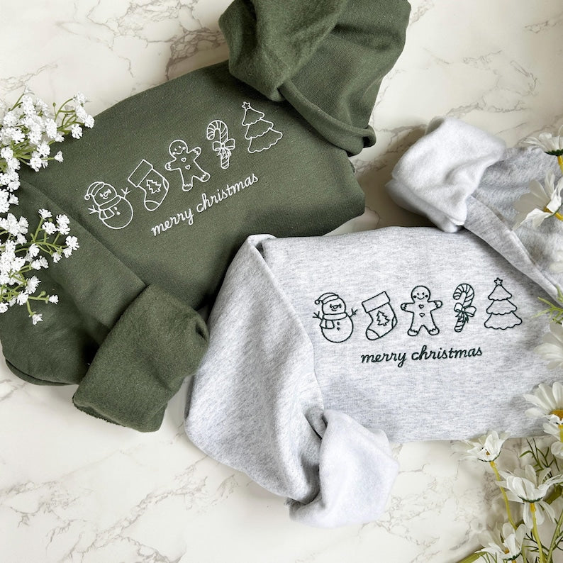 Embroidered Merry Christmas Sweatshirt Hoodie, Embroidered Christmas Crewneck Sweatshirt, Embroidered Gingerbread Sweater, Custom Xmas Gift