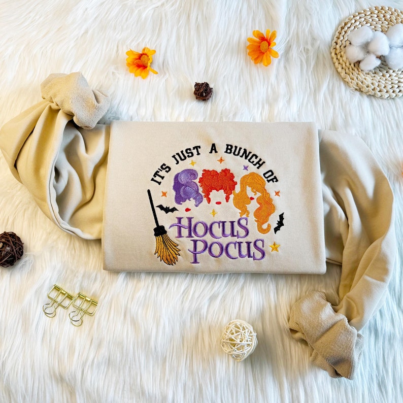 Embroidered Hocus Pocus Witch Sweatshirt, Halloween Witch Embroidered Sweatshirt, Oversized Crew Neck Sweatshirt or Hoodie