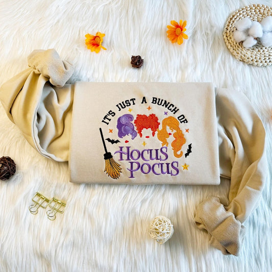 Embroidered Hocus Pocus Witch Sweatshirt, Halloween Witch Embroidered Sweatshirt, Oversized Crew Neck Sweatshirt or Hoodie