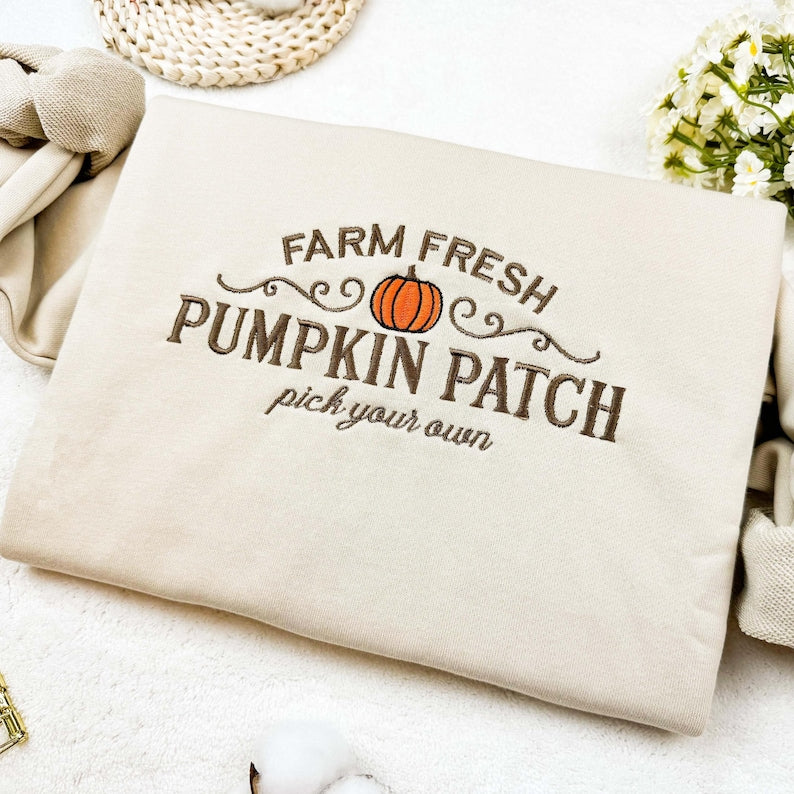 Farm Fresh Pumpkin Embroidered Sweatshirt, Pumpkin Patch Embroidered Hoodie, Oversized Crew Neck Sweatshirt or Hoodie, Unisex