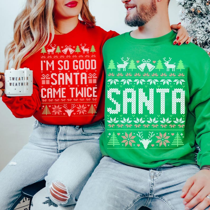 Unisex Funny Couples Ugly Christmas Sweater, Couples Matching Ugly Christmas Sweater, Santa Twice, Christmas Pajamas, Sold Seperate il_794xN.6311233526_51p2_470e0603-d990-47b1-a6d7-d82b1b552a04.jpg
