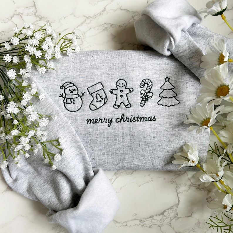 Embroidered Merry Christmas Sweatshirt Hoodie, Embroidered Christmas Crewneck Sweatshirt, Embroidered Gingerbread Sweater, Custom Xmas Gift
