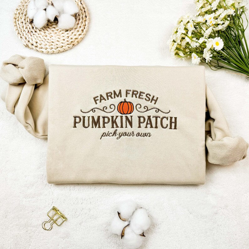 Farm Fresh Pumpkin Embroidered Sweatshirt, Pumpkin Patch Embroidered Hoodie, Oversized Crew Neck Sweatshirt or Hoodie, Unisex