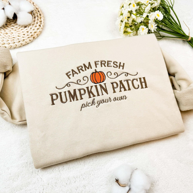 Farm Fresh Pumpkin Embroidered Sweatshirt, Pumpkin Patch Embroidered Hoodie, Oversized Crew Neck Sweatshirt or Hoodie, Unisex