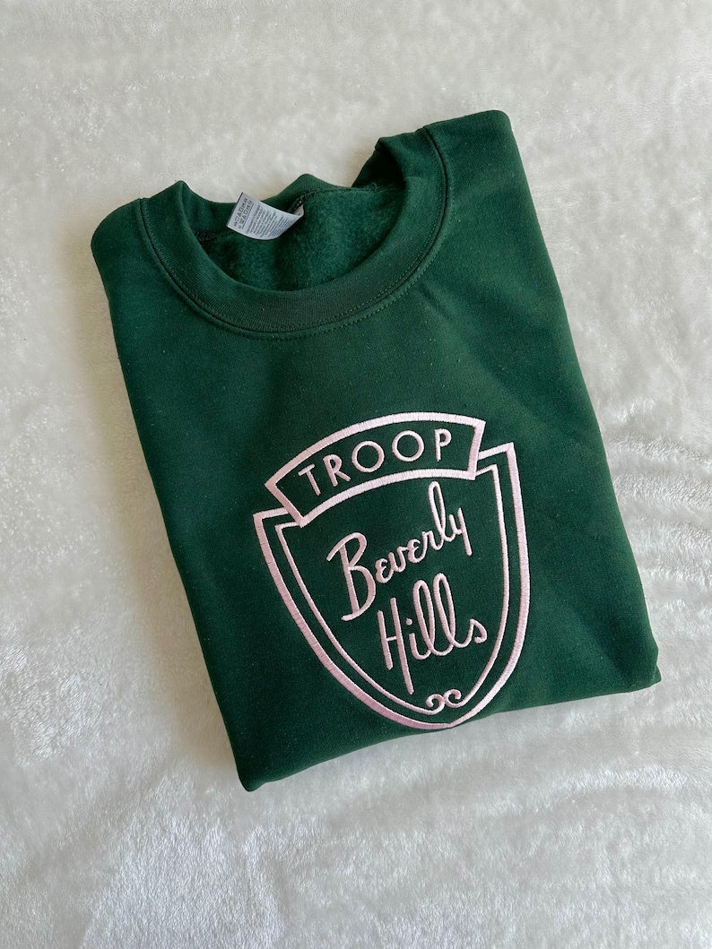 Beverly Hills Embroidered Green Pink Vintage Cozy Ladies Sweatshirt Cute Designer Style Cotton Shirt