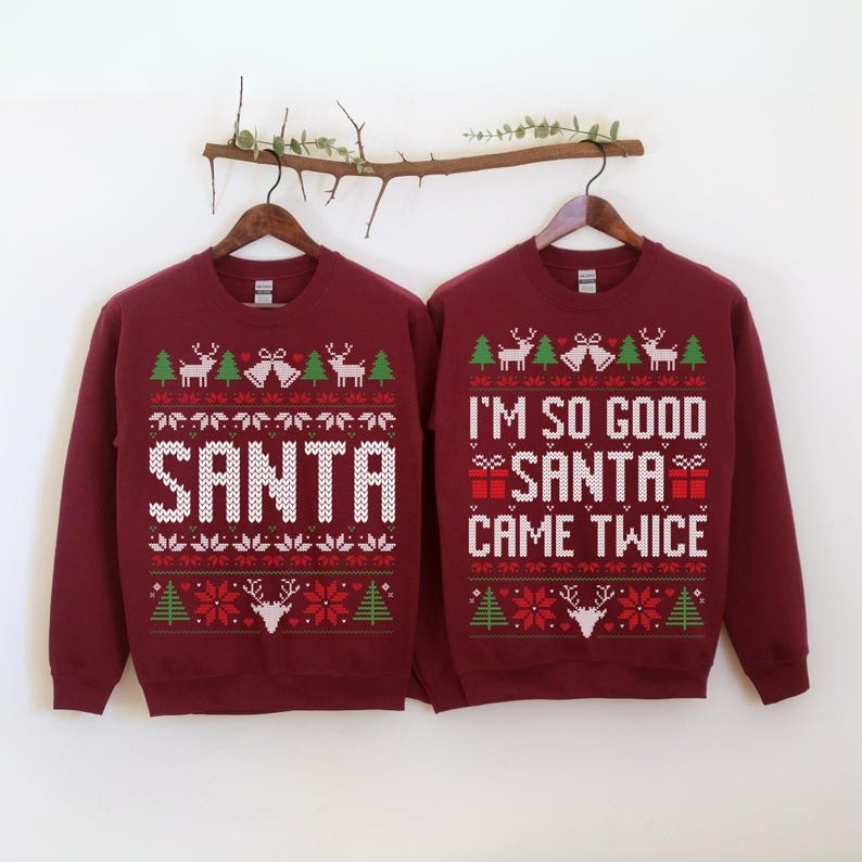 Unisex Funny Couples Ugly Christmas Sweater, Couples Matching Ugly Christmas Sweater, Santa Twice, Christmas Pajamas, Sold Seperate il_794xN.6359295185_31un_035f59e7-5daf-448c-af96-17f606f0e80a.jpg