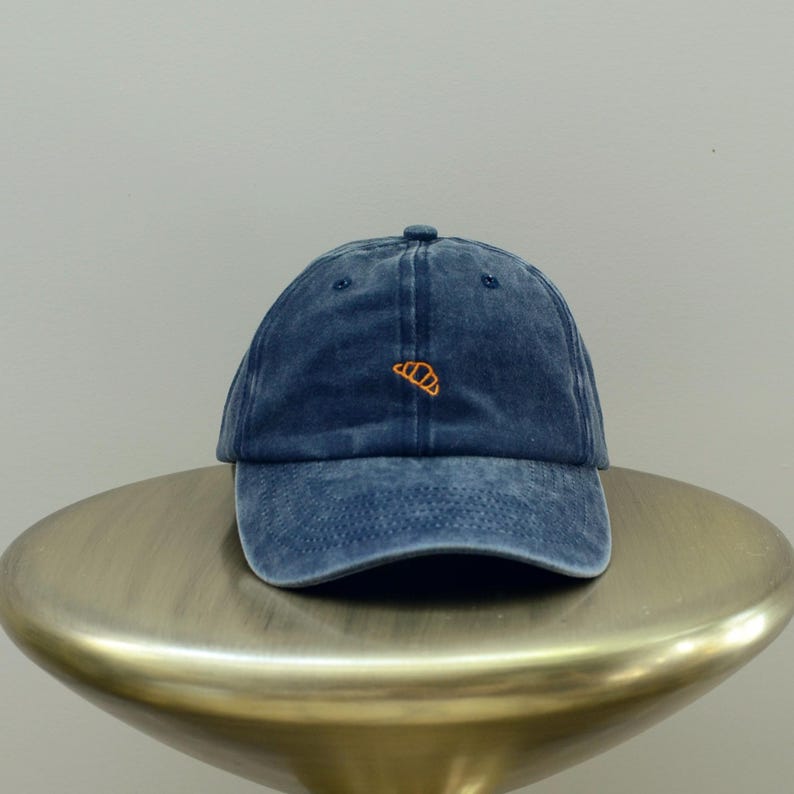 Bisou Bisou French Croissant Embroidered Hat / Baseball Cap, Washed Soft Cotton Pigment Dyed Hat, One Size