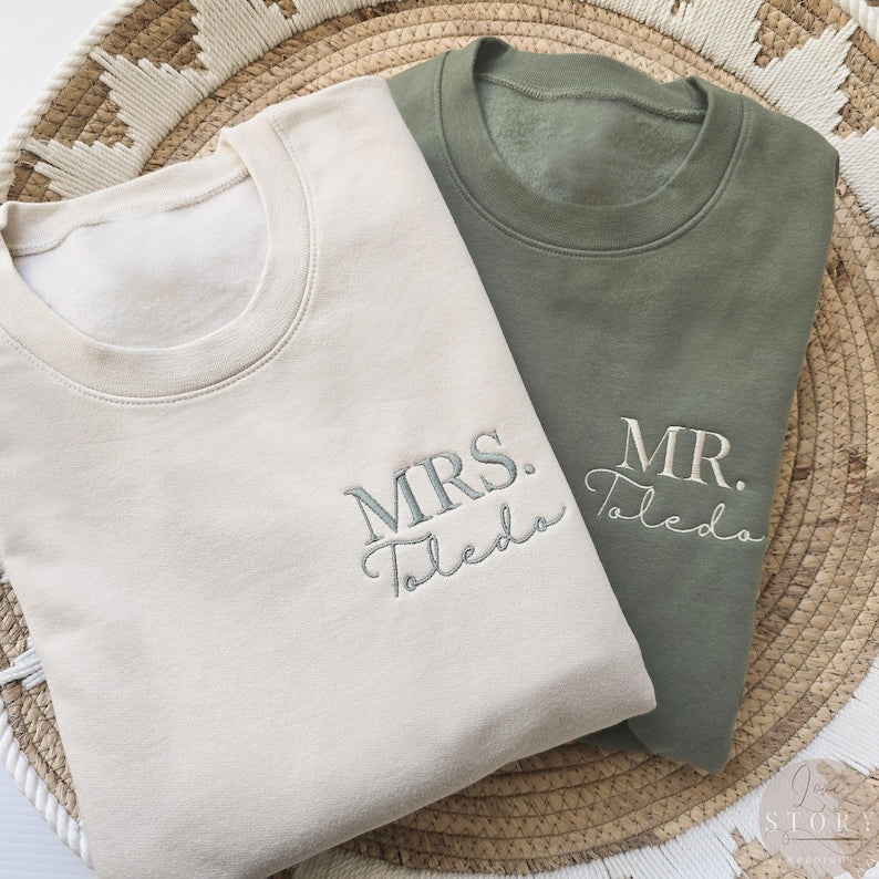 Custom Mrs. Embroidered Sweatshirt, Date On Sleeve, Gift For Bride, Future Mrs. and Mr. Mrs Last Name, Engagement Gift, Hubby Wifey