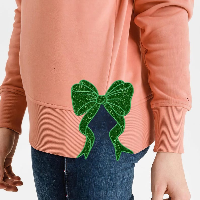 Side Bow Applique Sweatshirt Embroidery, Green Glitter Bow, Christmas Embroidery Sweatshirt, Bow Applique, Motif/Quilted il_794xN.6377177158_nnb6.jpg