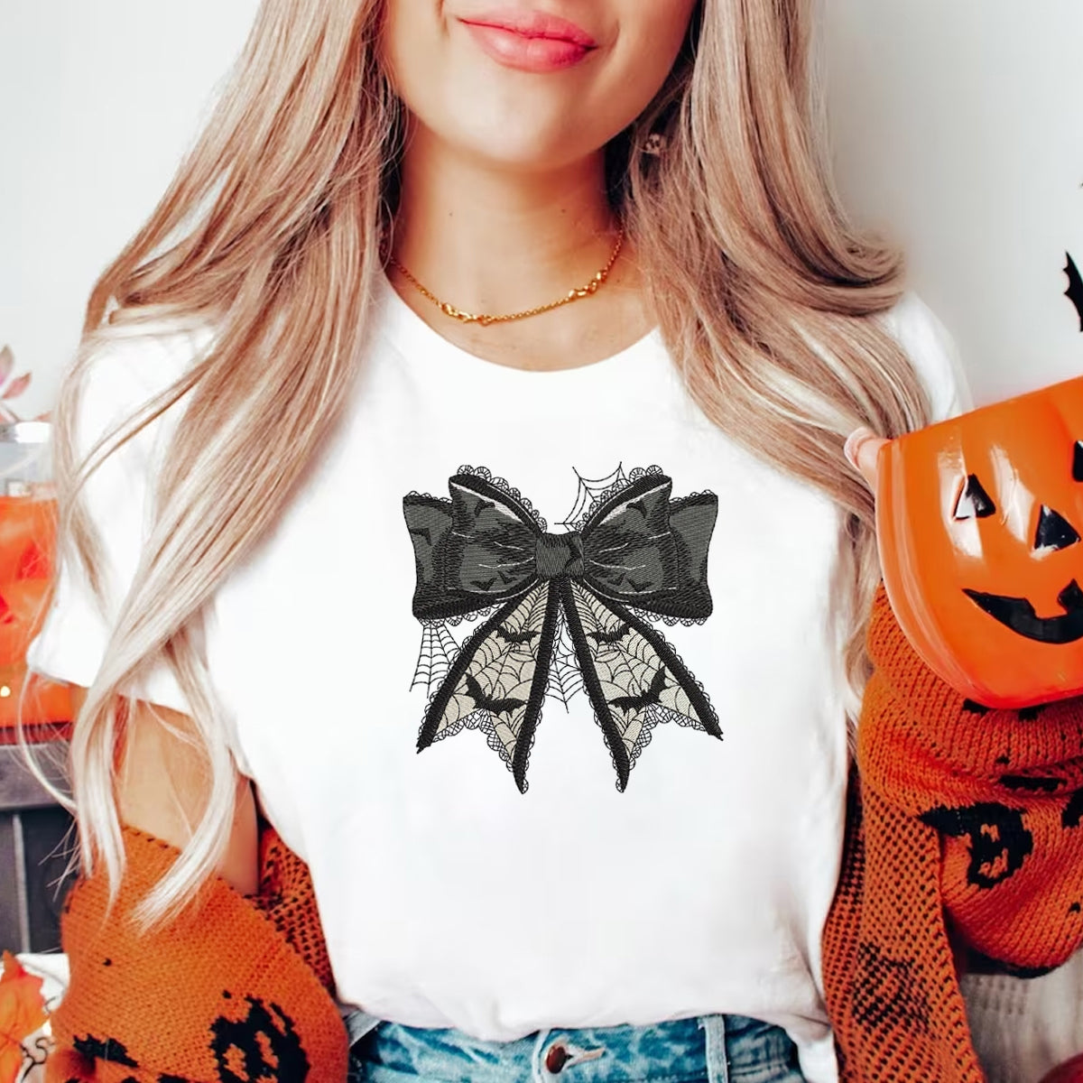 Coquette Halloween Embroidery Design, Ghost Coquette embroidery Halloween Bow Embroidery Design