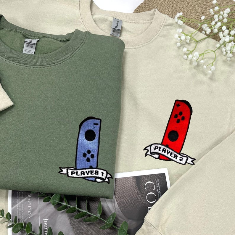 Matching Couple Sweatshirt with Player 1 and Player 2 Embroidery, Couple Crewneck, Personalized Anniversary Shirt, First Year Anniversary il_794xN.6383520063_2bx7.jpg