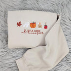 Just a Girl who loves Fall Embroidered Crewneck, Cozy Fall Vibes, Pumpkin Spice, Cute Autumn Sweatshirt, Fall Icons, Autumn-Themed Apparel