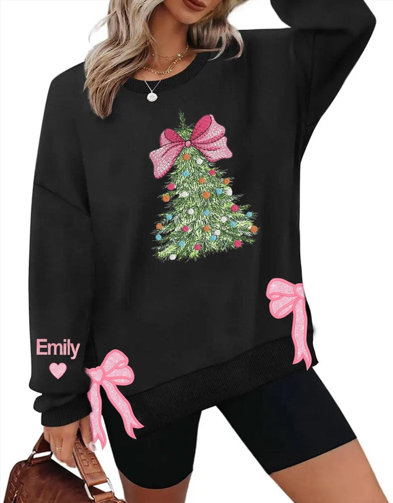 Bow Christmas Tree Side Bow Cut-Out Embroidery Sweatshirt, Custom Merry Side Bow Cut-Out Sweatshirt With Glitter, Trendy Coquette Bow il_794xN.6387566696_7i36.jpg?v=1740564798
