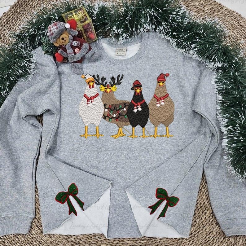 Side Bow Applique Embroidered Sweatshirt, Embroidered Chicken Sweatshirt, Christmas Bow Embellished Sweatshirt, Side Bow Cut-Out Sweatshirt il_794xN.6389393672_2k8x.jpg