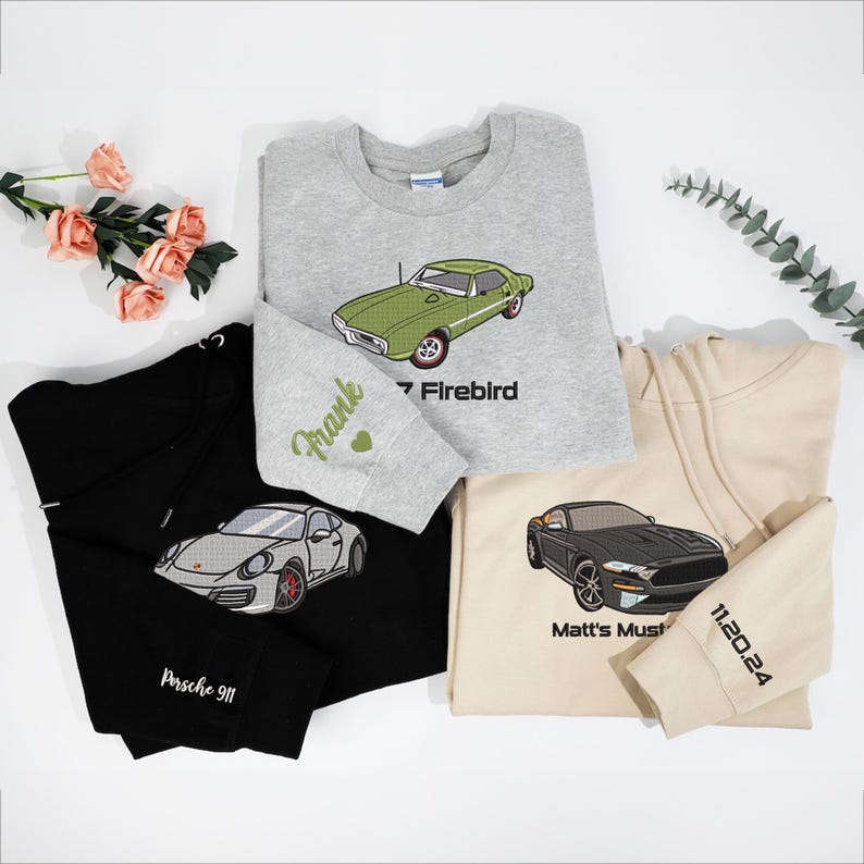 Personalised Car Hoodie, T-Shirt and Jumper, Custom Embroidered Car Hoodie Gift for Car Guys and Enthusiast, Car Gift Realistic Photo Design