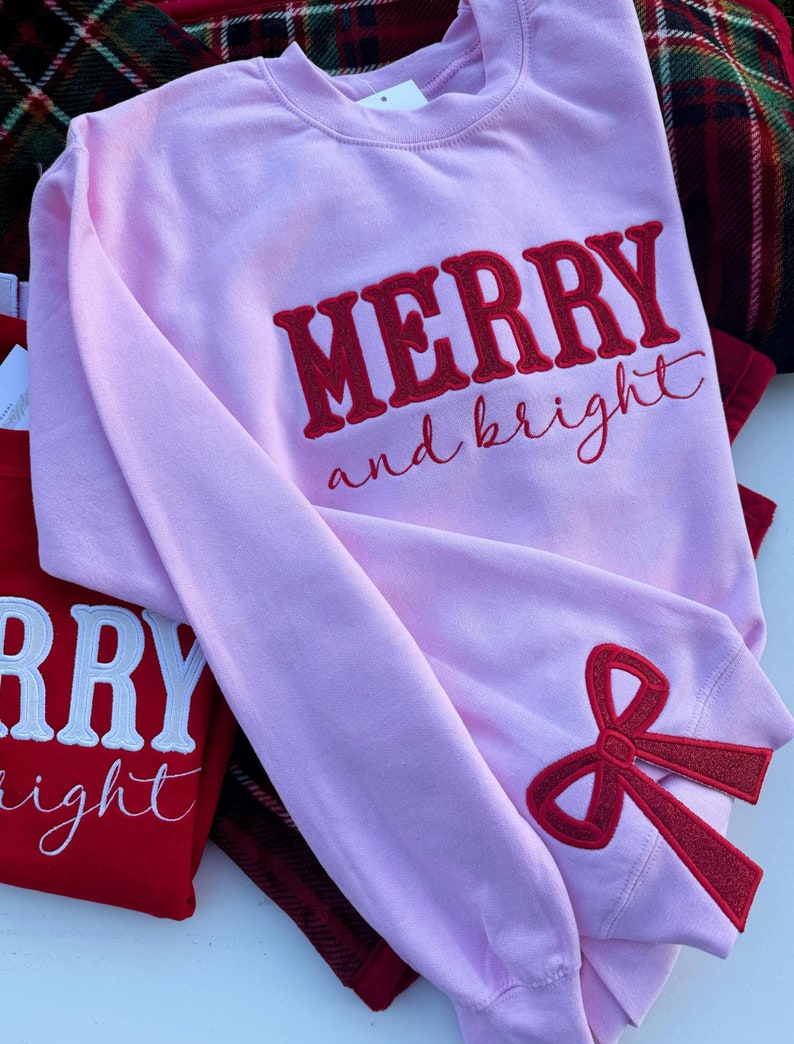 Merry and Bright Embroidered Bow Sweatshirt / Side Bow Applique Sweatshirt / Christmas Bow Sweatshirt / Glitter Christmas Sweatshirt il_794xN.6411387057_sjd5.jpg
