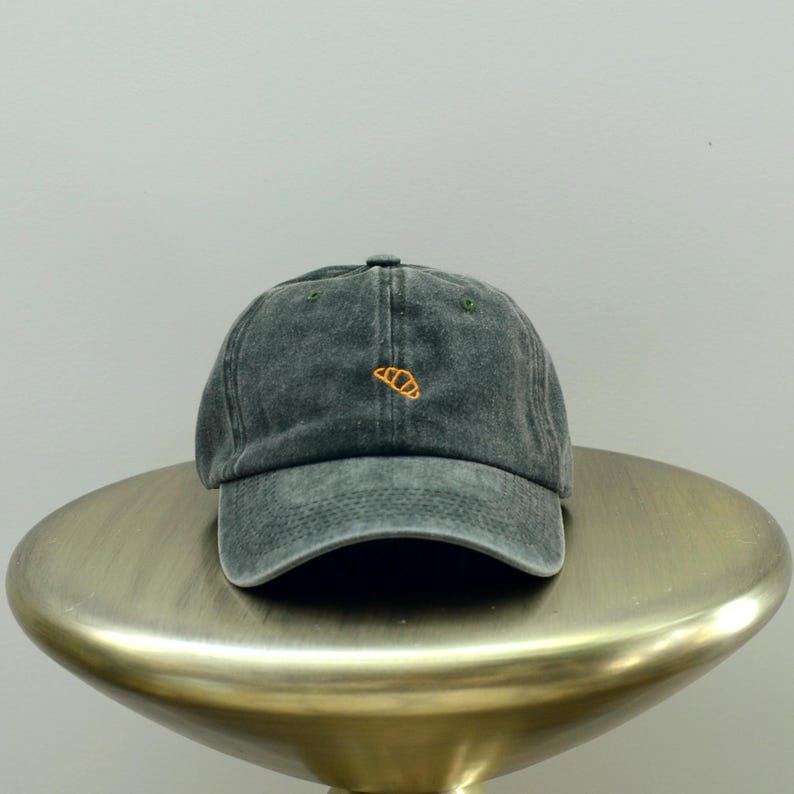 Bisou Bisou French Croissant Embroidered Hat / Baseball Cap, Washed Soft Cotton Pigment Dyed Hat, One Size