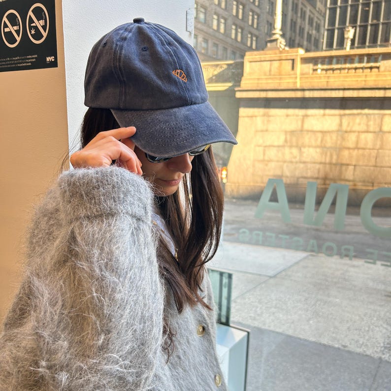 Bisou Bisou French Croissant Embroidered Hat / Baseball Cap, Washed Soft Cotton Pigment Dyed Hat, One Size