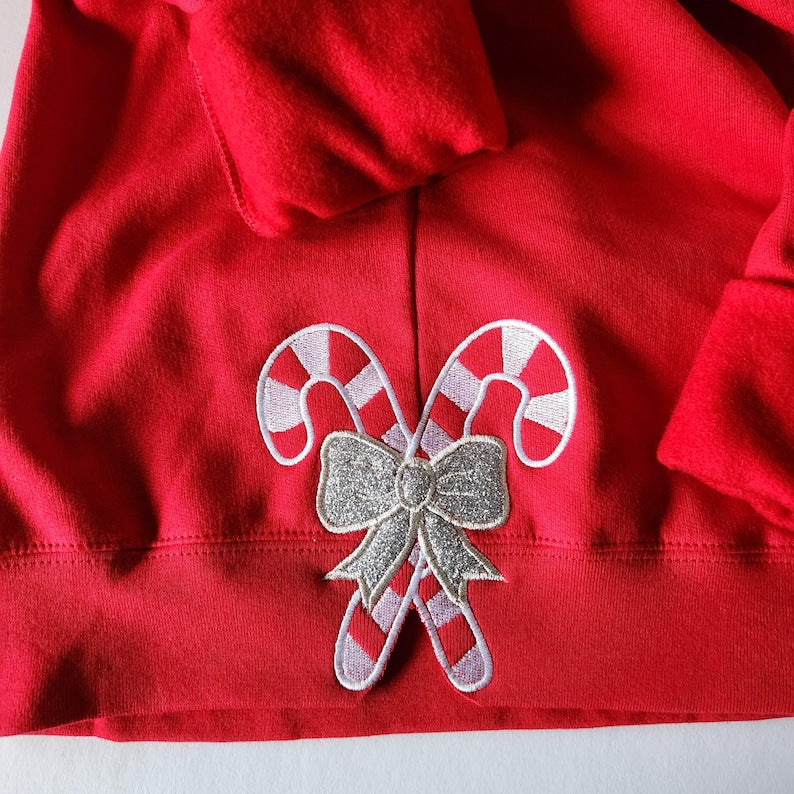 Side Candy Cane Applique Embroidery Sweatshirt, Side Bow Glitter Sweatshirt, Christmas Bow Gift il_794xN.6424550533_u0xa.jpg