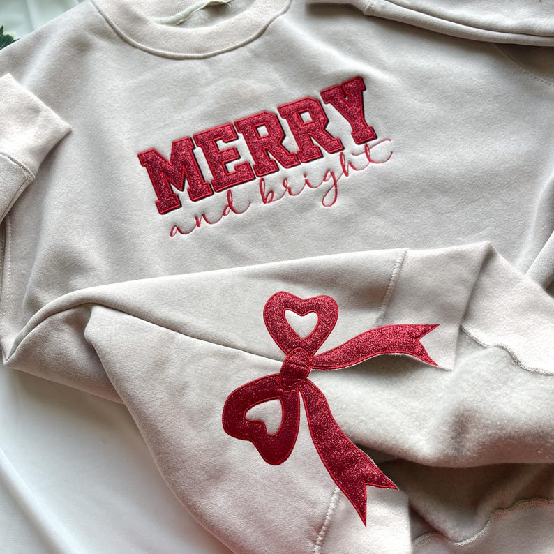 Merry and Bright Glitter Embroidered Bow Sweatshirt, Side Bow Glitter Sweatshirt, Custom Grandmillennial Coquette Style, Christmas Bow Gift il_794xN.6425196385_gvus.jpg