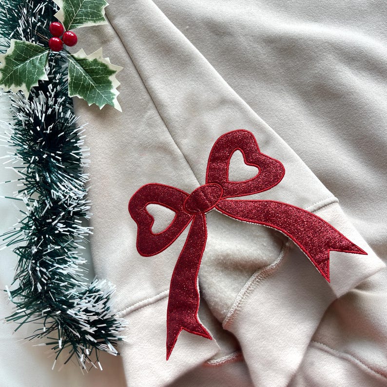 Merry and Bright Glitter Embroidered Bow Sweatshirt, Side Bow Glitter Sweatshirt, Custom Grandmillennial Coquette Style, Christmas Bow Gift il_794xN.6425196403_pthr.jpg