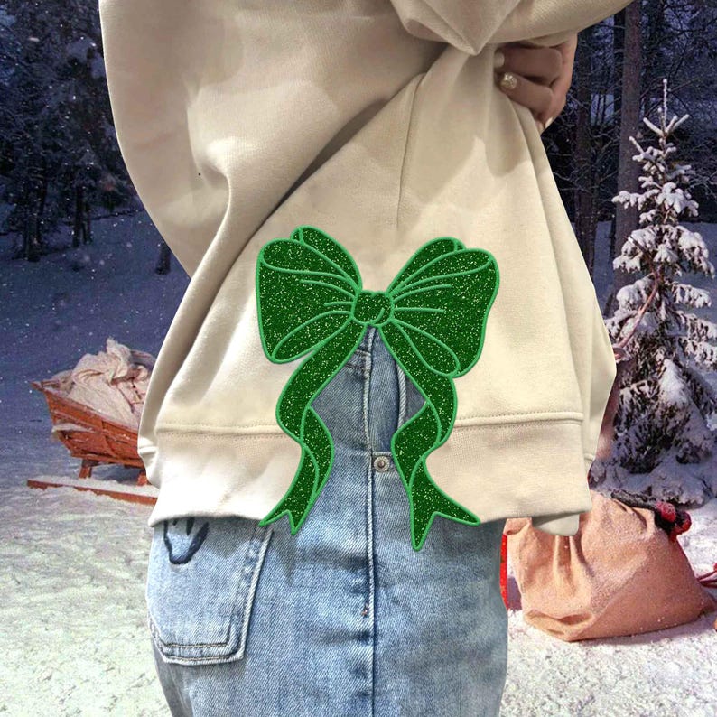 Side Bow Applique Sweatshirt Embroidery, Green Glitter Bow, Christmas Embroidery Sweatshirt, Bow Applique, Motif/Quilted il_794xN.6425261653_cfya.jpg