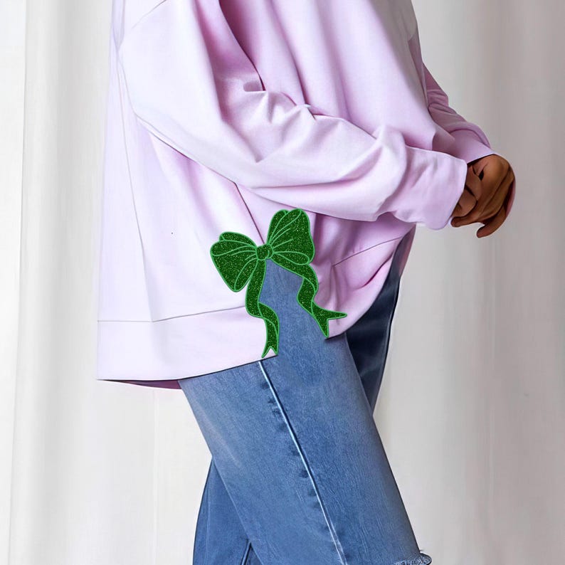 Side Bow Applique Sweatshirt Embroidery, Green Glitter Bow, Christmas Embroidery Sweatshirt, Bow Applique, Motif/Quilted il_794xN.6425261749_hdbe.jpg