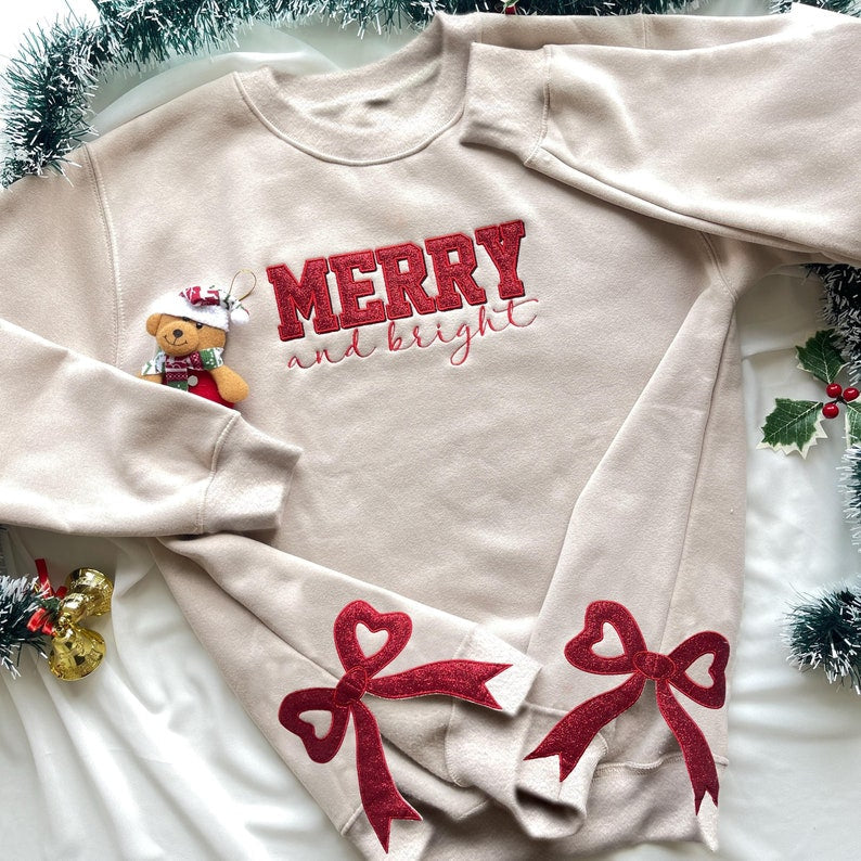 Merry and Bright Glitter Embroidered Bow Sweatshirt, Side Bow Glitter Sweatshirt, Custom Grandmillennial Coquette Style, Christmas Bow Gift il_794xN.6425309991_jjt2.jpg