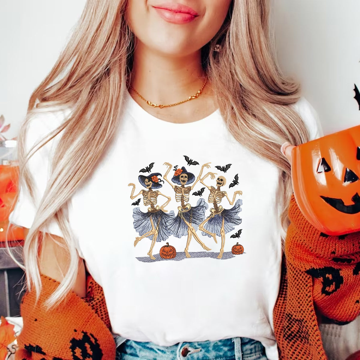 Dancing Skeletons Embroidery Design, Halloween Witches Embroidery Design