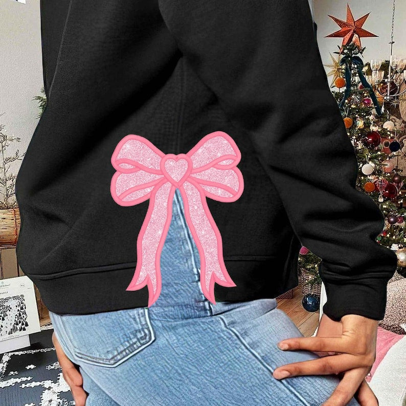 Bow Christmas Tree Side Bow Cut-Out Embroidery Sweatshirt, Custom Merry Side Bow Cut-Out Sweatshirt With Glitter, Trendy Coquette Bow il_794xN.6435653373_ltxk.jpg?v=1740564799