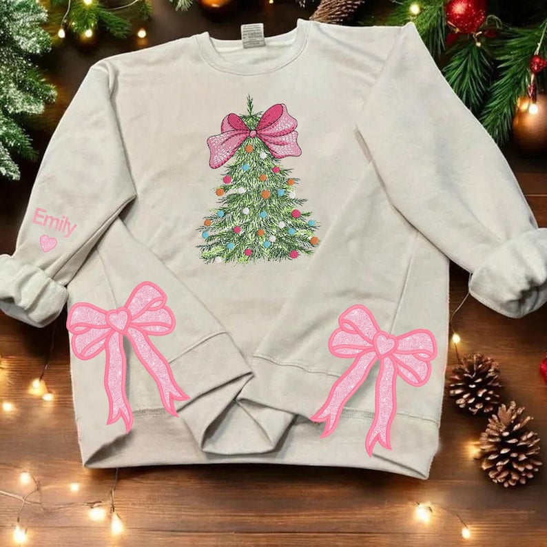 Bow Christmas Tree Side Bow Cut-Out Embroidery Sweatshirt, Custom Merry Side Bow Cut-Out Sweatshirt With Glitter, Trendy Coquette Bow il_794xN.6435653513_g3nx.jpg?v=1740564799