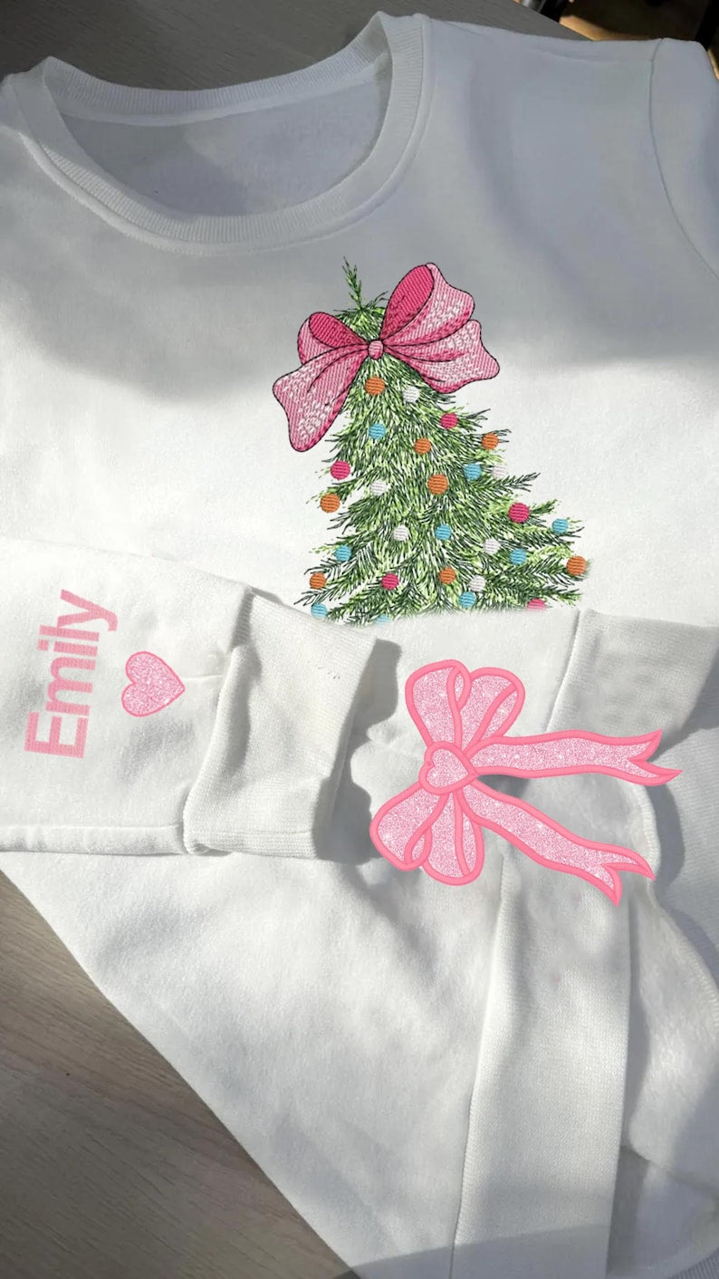 Bow Christmas Tree Side Bow Cut-Out Embroidery Sweatshirt, Custom Merry Side Bow Cut-Out Sweatshirt With Glitter, Trendy Coquette Bow il_794xN.6435653543_r8dq.jpg?v=1740564799
