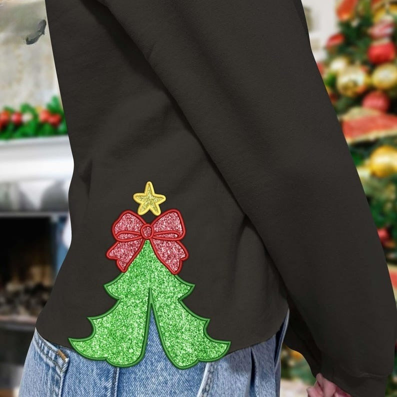 Merry Christmas Tree Cut Out Side Embroidered Bow Sweatshirt, Side Bow Applique Sweatshirt, Embroidered Bow Glitter Sweatshirt, Cute Bow Sweatshirt il_794xN.6440222135_4ked_1.jpg