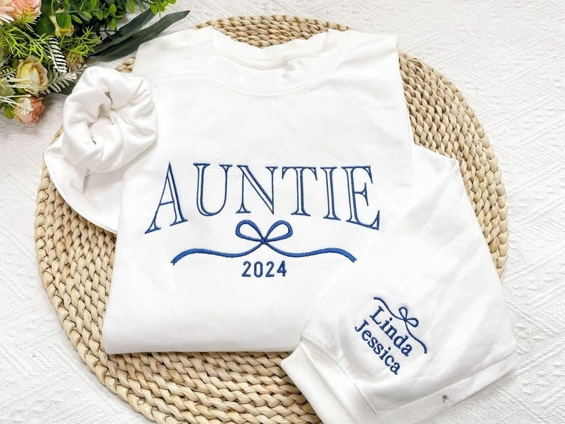 Cute and Trendy Auntie Bow Embroidered Sweatshirt with Kids Name on Sleeve,Personalized Crewneck Pullover, Aunt Sweatshirt, Christmas Gifts il_794xN.6477009189_ls0p_1.jpg
