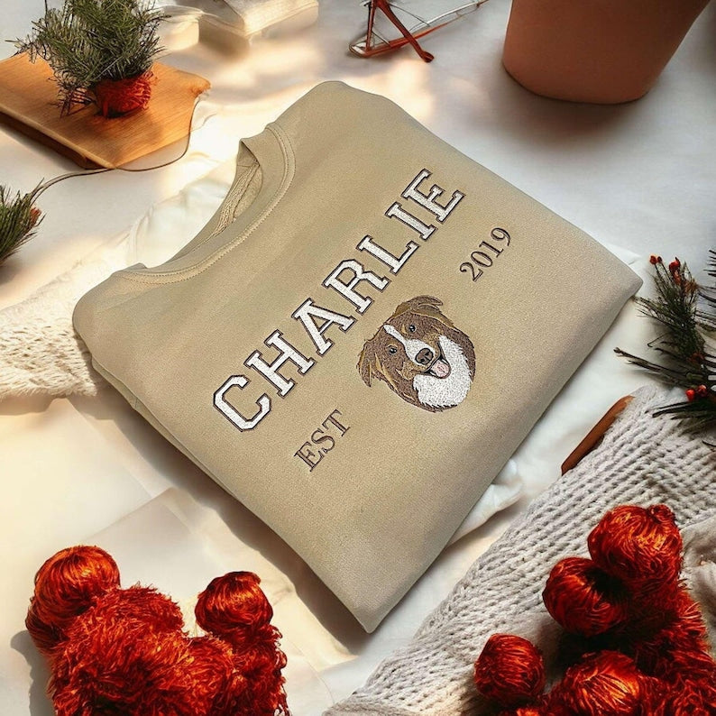 Custom Dog Hoodie Embroidered Dog Name, Varsity Personalized Pet Face Sweatshirt from Your Photo, Varsity Style Hoodie, Gifts for Dog Owners