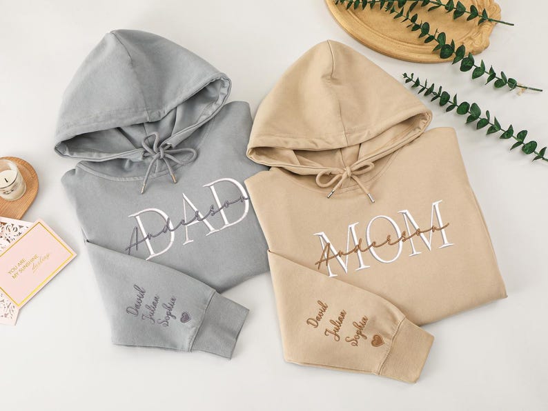 Custom Matching Mom Dad Hoodie, Personalized Kids Names On Sleeve, Mother's Day Gift, Embroidered Family Name Hoodies
