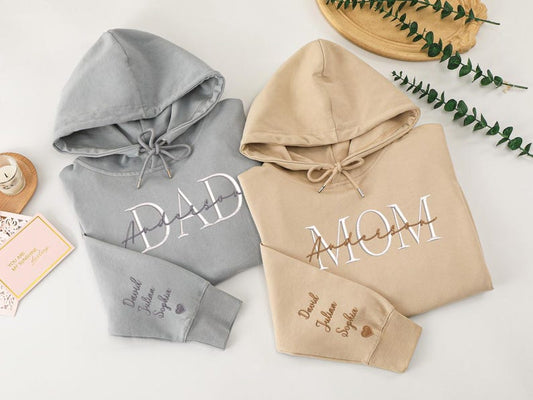 Custom Matching Mom Dad Hoodie, Personalized Kids Names On Sleeve, Mother's Day Gift, Embroidered Family Name Hoodies