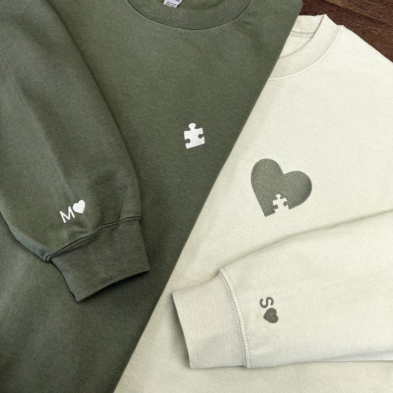 Custom Embroidered Heart and Puzzle Piece Sweatshirt, Initial With Heart On Sleeve, Anniversary Gift, Couple Hoodie, Valentines Day Gift il_794xN.6551509102_olwa.jpg