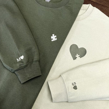 Custom Embroidered Heart and Puzzle Piece Sweatshirt, Initial With Heart On Sleeve, Anniversary Gift, Couple Hoodie, Valentines Day Gift il_794xN.6551509102_olwa.jpg
