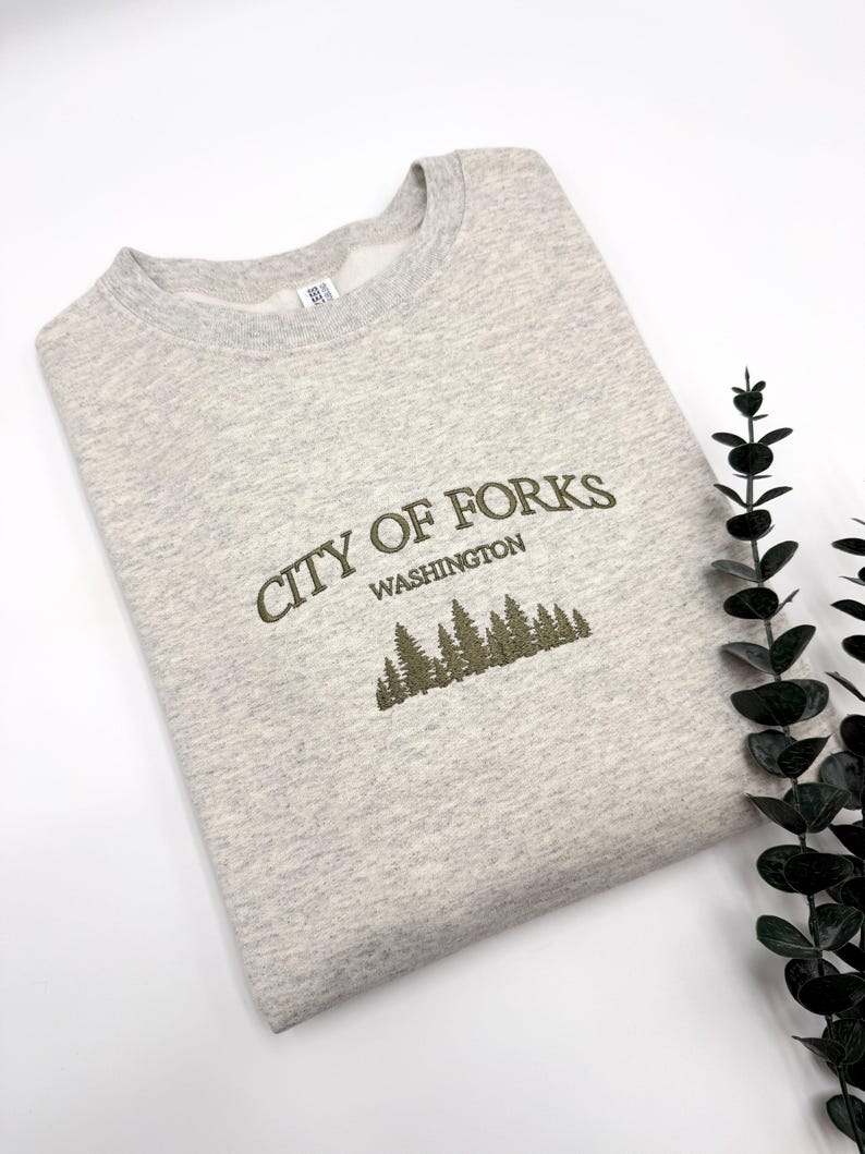 City of Forks Embroidered Sweatshirt | Washington Hoodie | Unisex Crewneck | Forest Embroidery | Twilight-Inspired Gift | Custom Colors
