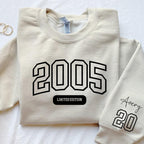 Custom 20th Birthday Sweatshirt, Limited Edition 2005 Birthday Hoodie, College Style 20th Birthday Gift, 20th Birthday Sweater for Her