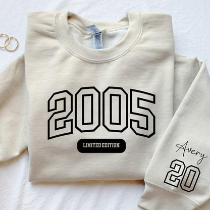 Custom 20th Birthday Sweatshirt, Limited Edition 2005 Birthday Hoodie, College Style 20th Birthday Gift, 20th Birthday Sweater for Her