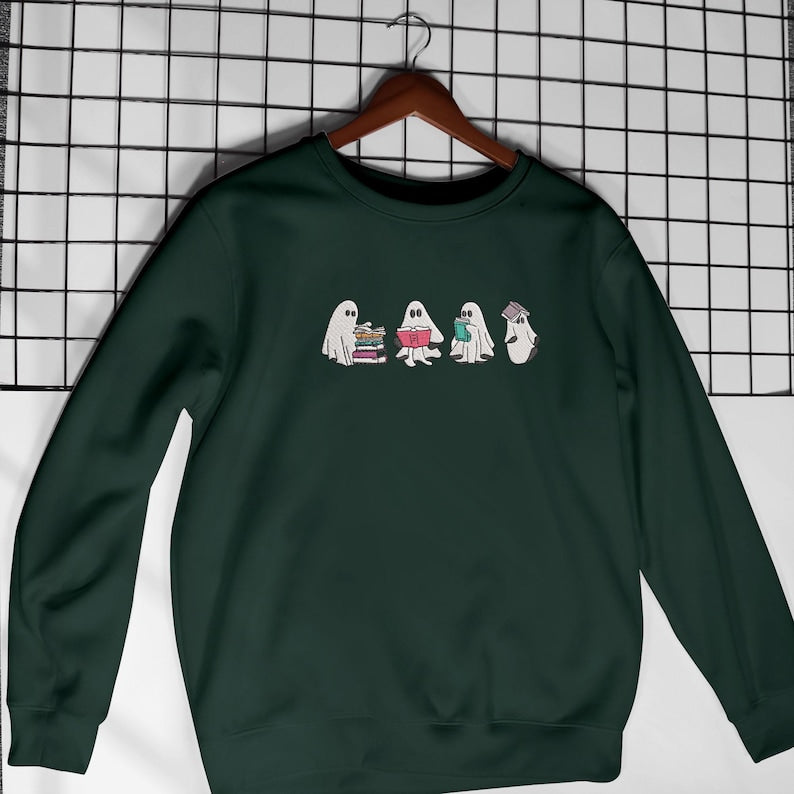 Funny Ghost Reading Sweatshirt, Halloween Sweatshirt, Embroidered Ghost, Ghost Reading Books, Fall Crew Ghost Embroidery, Ghost Book Sweater