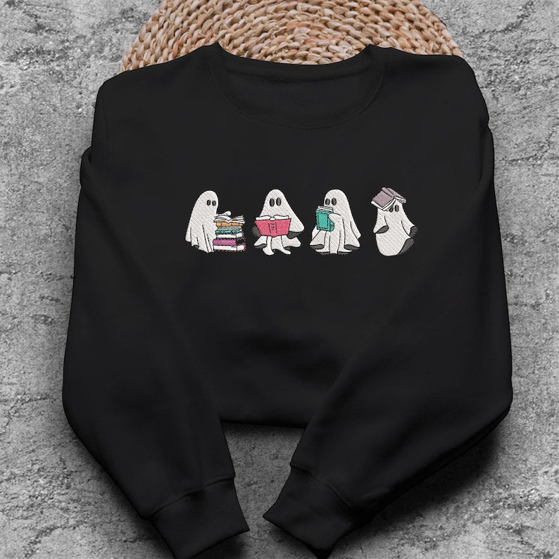 Funny Ghost Reading Sweatshirt, Halloween Sweatshirt, Embroidered Ghost, Ghost Reading Books, Fall Crew Ghost Embroidery, Ghost Book Sweater