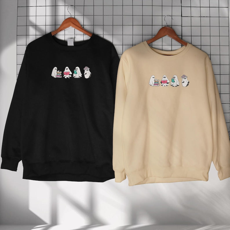 Funny Ghost Reading Sweatshirt, Halloween Sweatshirt, Embroidered Ghost, Ghost Reading Books, Fall Crew Ghost Embroidery, Ghost Book Sweater