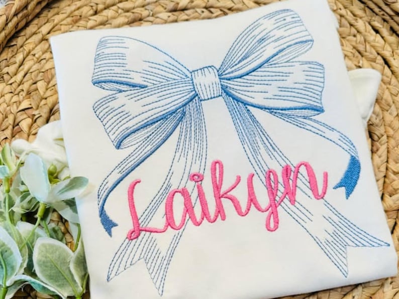 Bow machine embroidery design, Coquette Embroidery Design, Soft Girl Era, Bluework embroidery design Line-work bow