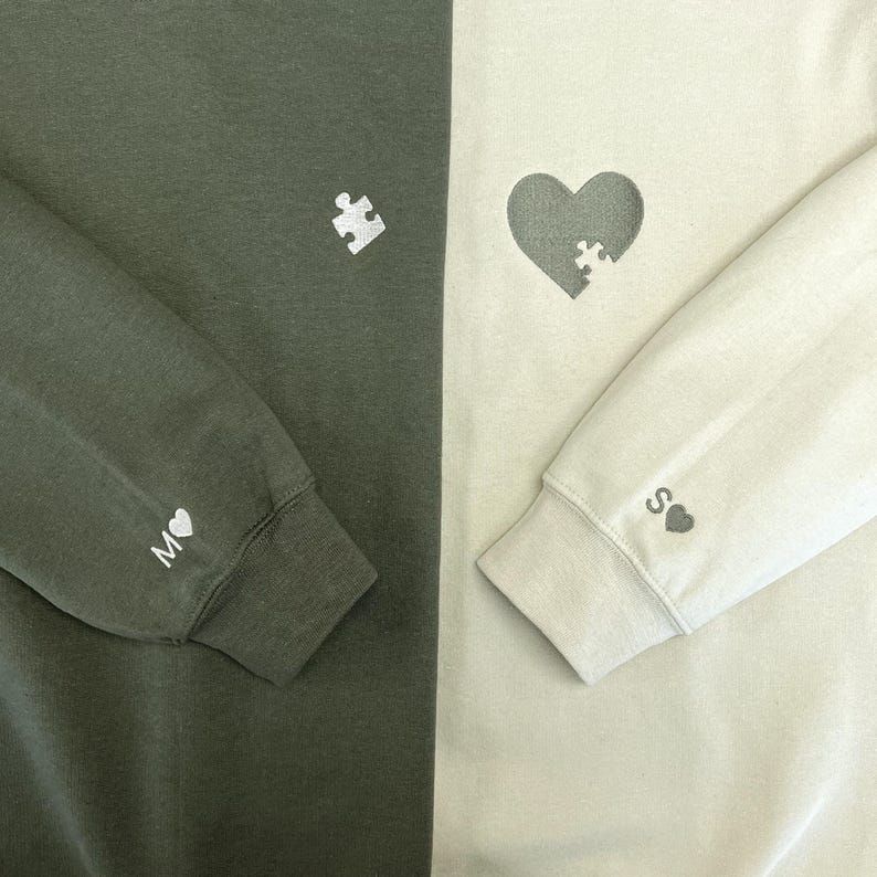 Custom Embroidered Heart and Puzzle Piece Sweatshirt, Initial With Heart On Sleeve, Anniversary Gift, Couple Hoodie, Valentines Day Gift il_794xN.6599626681_m6qu.jpg