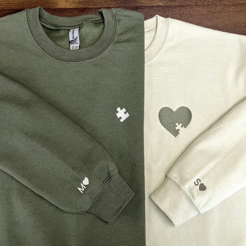 Custom Embroidered Heart and Puzzle Piece Sweatshirt, Initial With Heart On Sleeve, Anniversary Gift, Couple Hoodie, Valentines Day Gift il_794xN.6599626855_7g8o.jpg